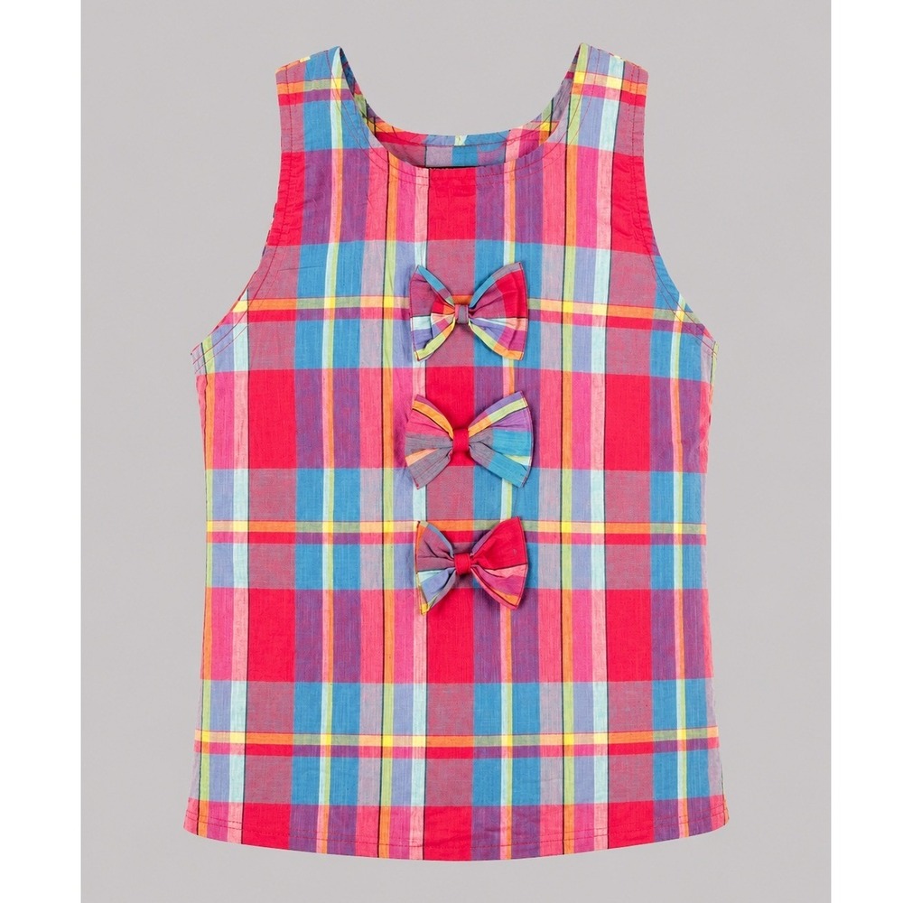 Happy Legs Vintage Plaid Cotton Tank Top Red Blue Yellow Triple Bow Accent Small